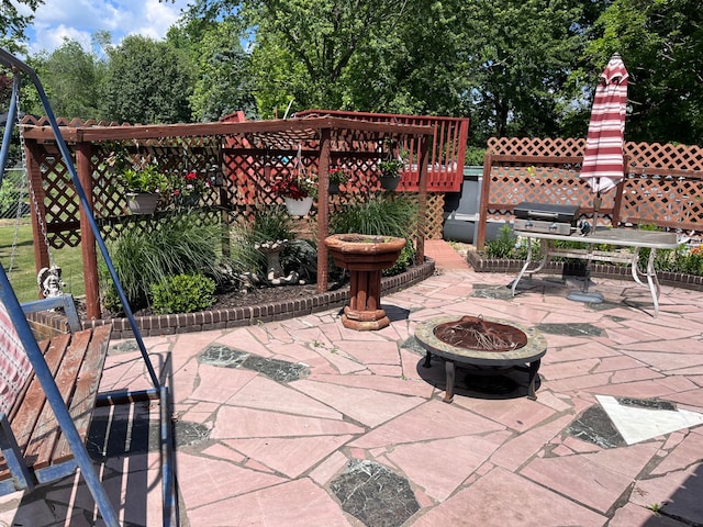 view of patio / terrace featuring area for grilling, a pergola, and an outdoor fire pit