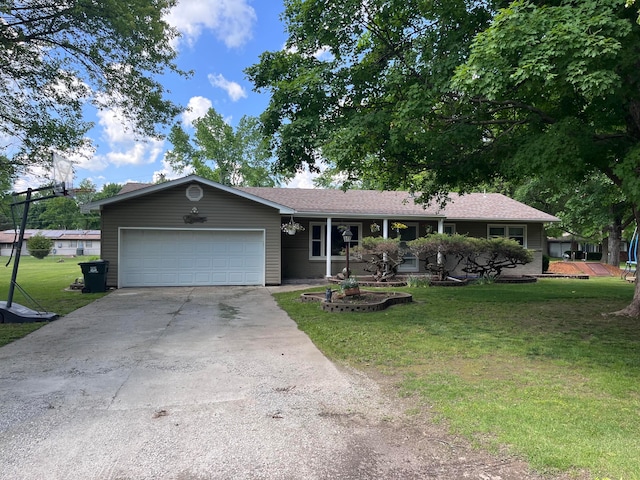 single story home featuring a front lawn and a garage