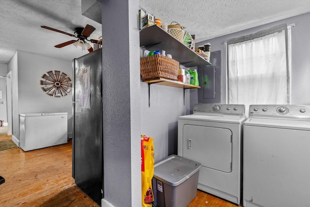 laundry area featuring electric panel, ceiling fan, washing machine and clothes dryer, hardwood / wood-style flooring, and a textured ceiling