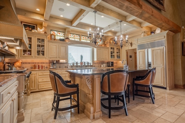 bar featuring beamed ceiling, decorative light fixtures, range hood, paneled refrigerator, and decorative backsplash