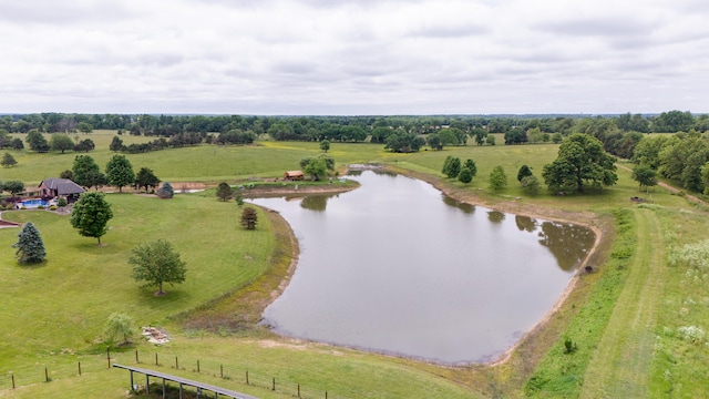 drone / aerial view featuring a water view and a rural view