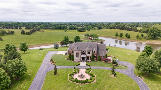 bird's eye view featuring a rural view and a water view