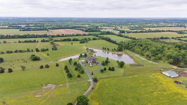 bird's eye view with a water view and a rural view