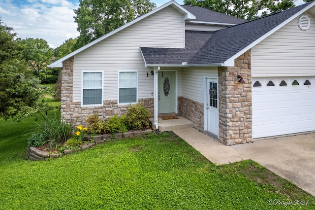 view of front facade with an attached garage, roof with shingles, stone siding, and a front yard