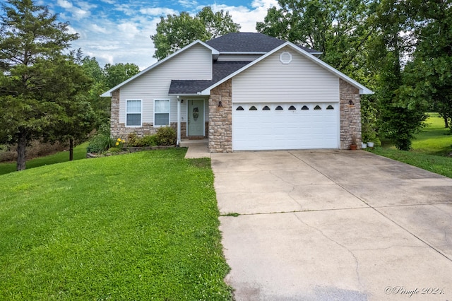 view of front of house featuring a garage, a front yard, a shingled roof, and stone siding