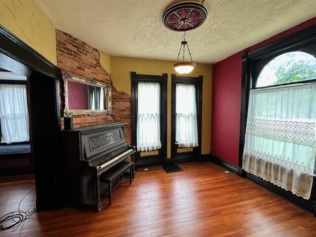 miscellaneous room featuring hardwood / wood-style floors, a wealth of natural light, and a textured ceiling