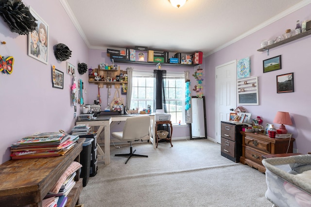 carpeted office space with ornamental molding