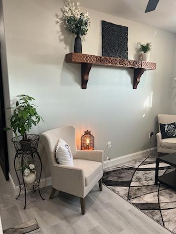 living area with ceiling fan and light wood-type flooring