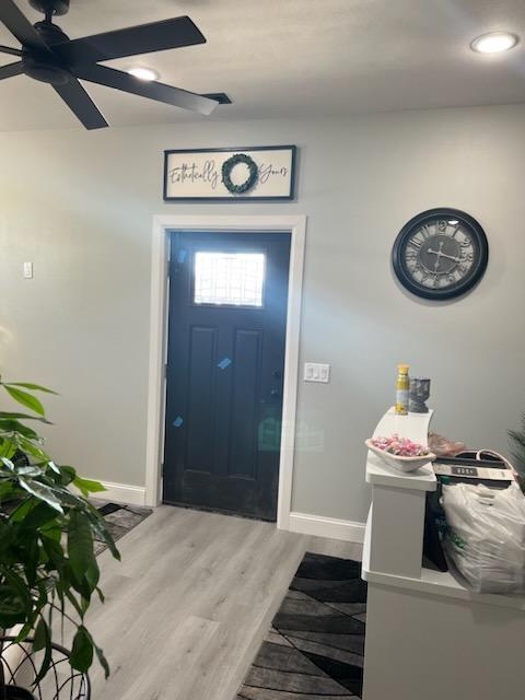20949 Needles Eye Rd, Shell Knob, MO 65747 - foyer entrance featuring light wood finished floors, baseboards, recessed lighting, and ceiling fan