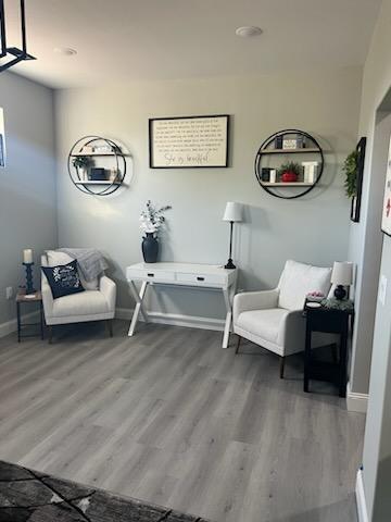 living area with hardwood / wood-style floors