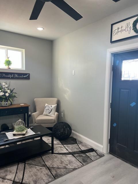 living area with plenty of natural light, light hardwood / wood-style floors, and ceiling fan