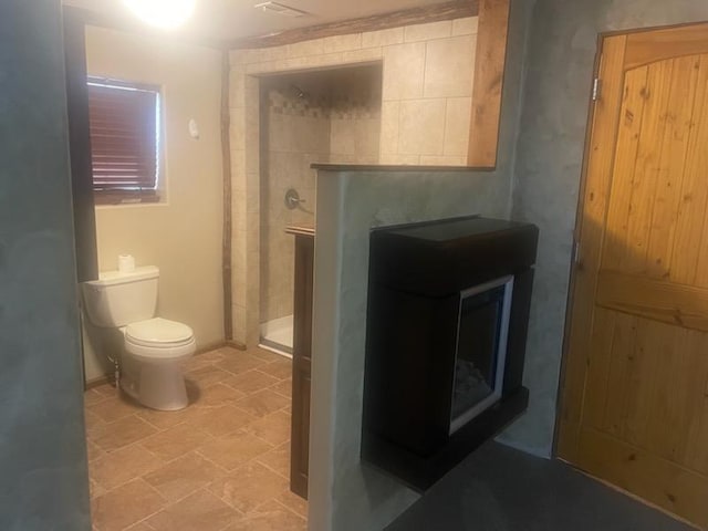 bathroom featuring toilet, a wood stove, and walk in shower