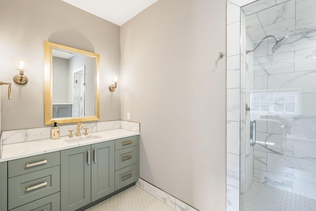 bathroom featuring vanity and a shower with door