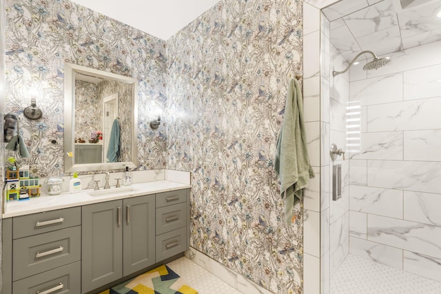 5233 S Stirling Way, Springfield, MO 65809 - bathroom with wallpapered walls, vanity, and a stall shower