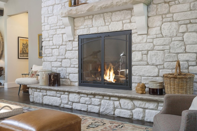 room details featuring a fireplace and hardwood / wood-style floors