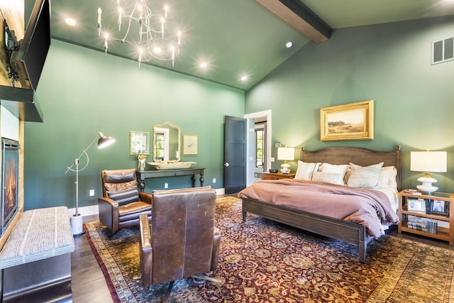 bedroom featuring dark hardwood / wood-style floors, beamed ceiling, high vaulted ceiling, and a notable chandelier