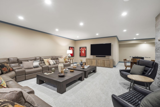 carpeted living room featuring crown molding