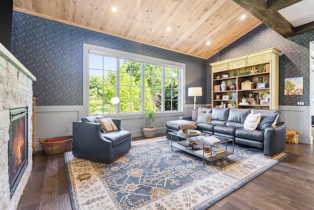 living room with hardwood / wood-style flooring, a fireplace, lofted ceiling, and wooden ceiling