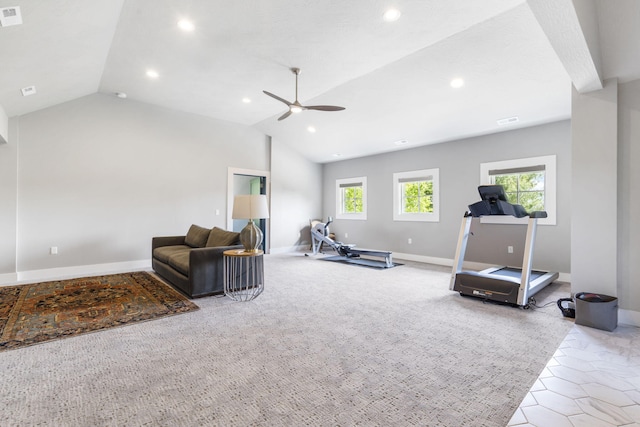 5233 S Stirling Way, Springfield, MO 65809 - exercise room featuring recessed lighting, vaulted ceiling, visible vents, a ceiling fan, and carpet floors