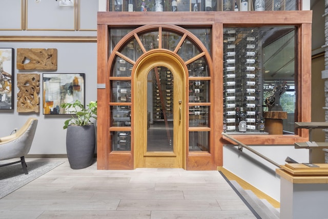 wine area with hardwood / wood-style floors