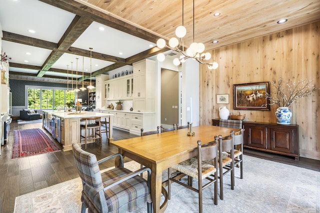 dining space with beam ceiling, wooden walls, a chandelier, coffered ceiling, and dark hardwood / wood-style flooring