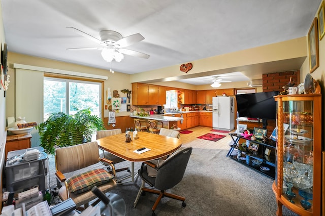 dining space featuring ceiling fan, light colored carpet, and sink