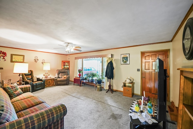 4587 E Farm Road 136, Springfield, MO 65809 - living area featuring a ceiling fan, baseboards, carpet, and crown molding