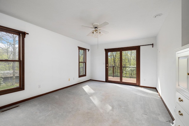 empty room with baseboards, visible vents, carpet flooring, and a wealth of natural light