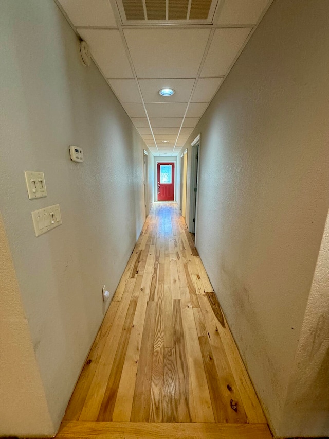 hallway with a drop ceiling and hardwood / wood-style floors