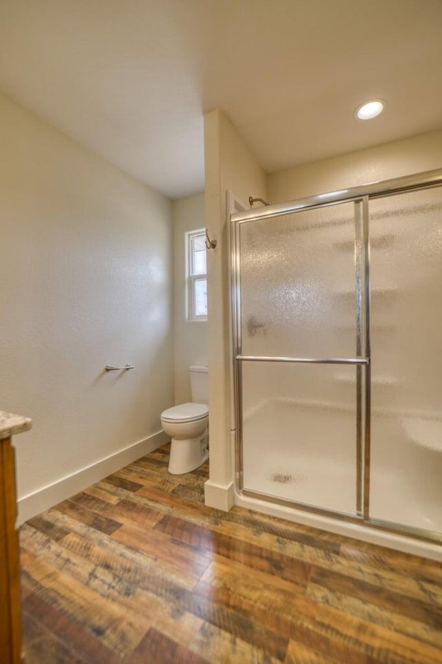 bathroom featuring vanity, a shower with door, toilet, and wood-type flooring