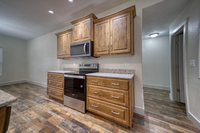 kitchen with stainless steel appliances and dark hardwood / wood-style flooring