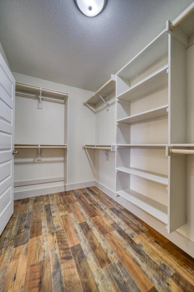 walk in closet with dark hardwood / wood-style floors