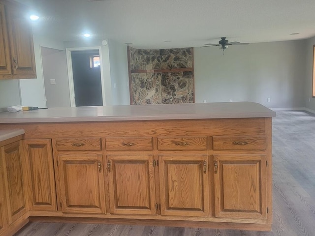 kitchen with ceiling fan and light hardwood / wood-style floors