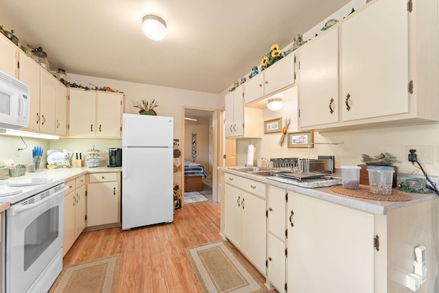 kitchen with light hardwood / wood-style flooring, sink, and white appliances