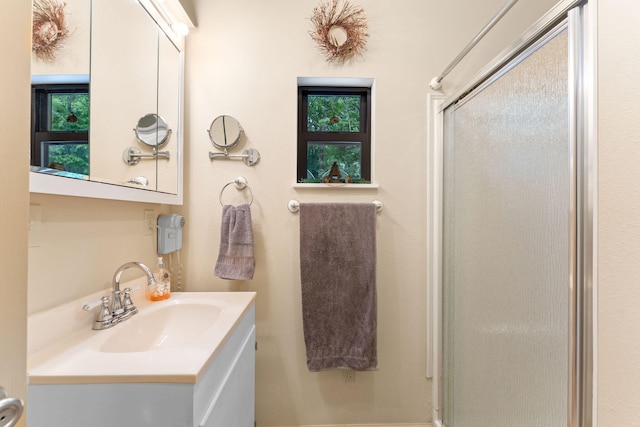 bathroom featuring a wealth of natural light, vanity, and a shower with shower door