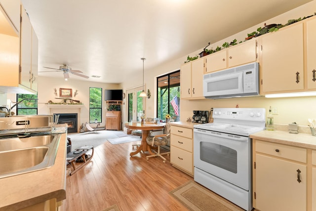 kitchen featuring ceiling fan, white appliances, sink, light hardwood / wood-style flooring, and decorative light fixtures