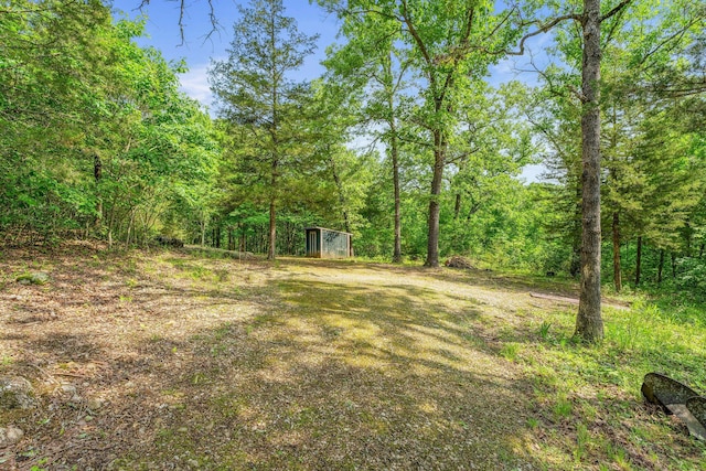 228 Cabin Ln, Kissee Mills, MO 65680 - view of yard featuring a storage shed, a forest view, and an outbuilding