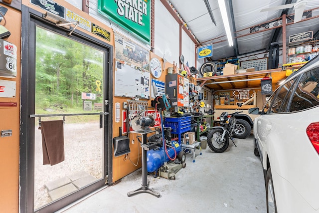 garage featuring a workshop area