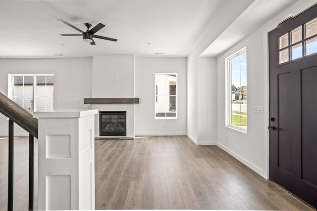 entryway featuring ceiling fan and hardwood / wood-style floors