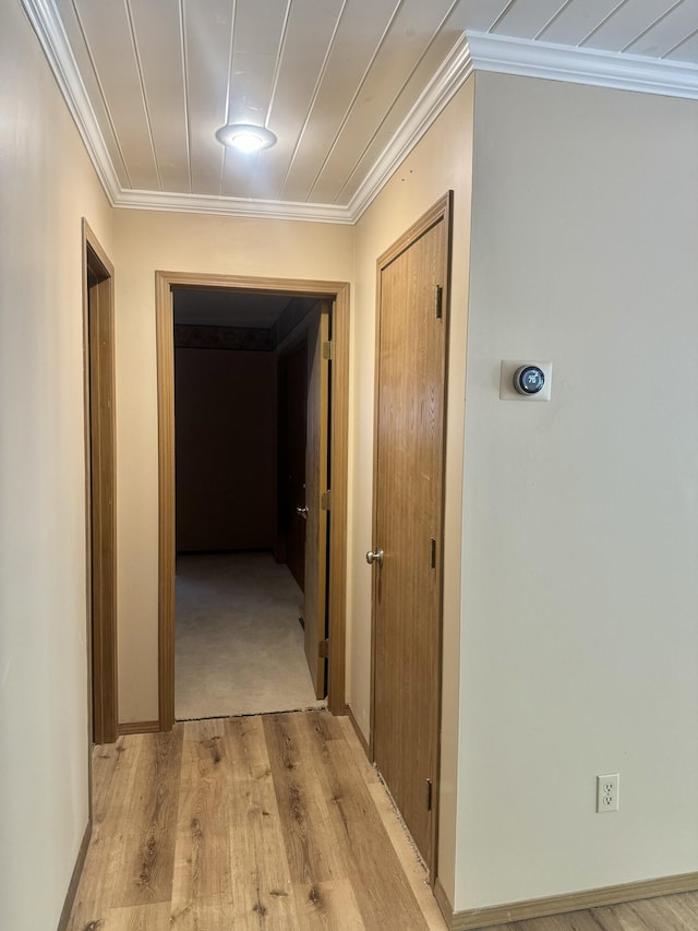 hallway with ornamental molding and light wood-type flooring