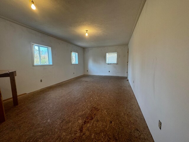 carpeted empty room with a textured ceiling