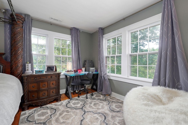 bedroom with hardwood / wood-style floors and multiple windows