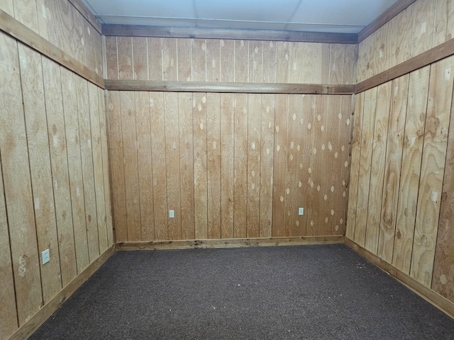 carpeted spare room with wood walls