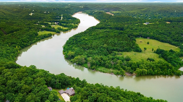 bird's eye view with a wooded view and a water view