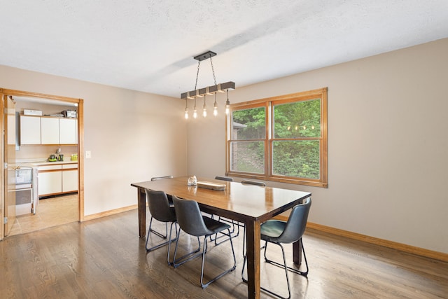 dining room with light hardwood / wood-style floors and a textured ceiling