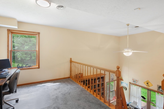 office space featuring visible vents, baseboards, a ceiling fan, and carpet flooring