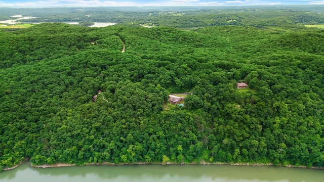 drone / aerial view featuring a forest view and a water view