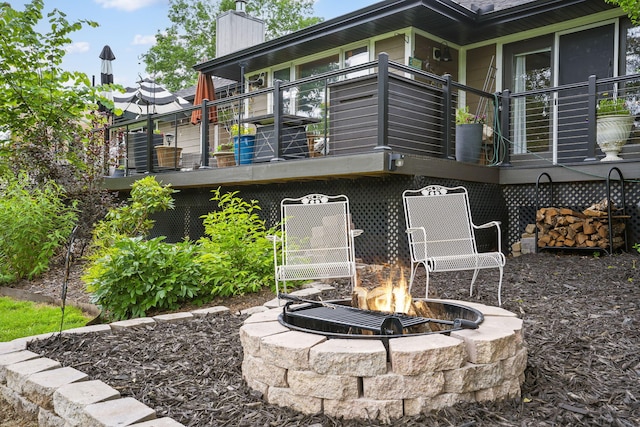 rear view of property with an outdoor fire pit