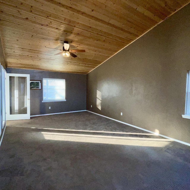 unfurnished room with french doors, ceiling fan, carpet floors, and wooden ceiling