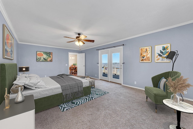 carpeted bedroom with a ceiling fan, access to outside, crown molding, and baseboards